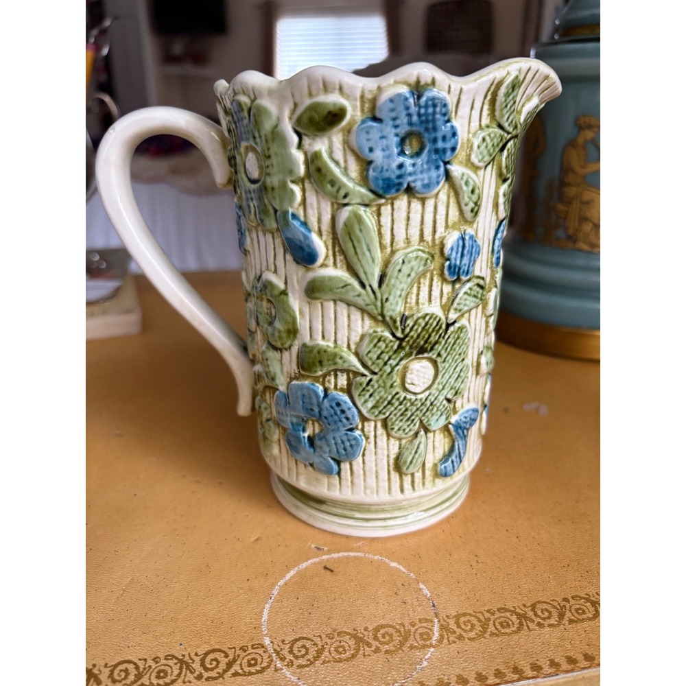 Vintage Inarco Japan E-3846 Ceramic Pitcher Vase – Raised Floral Design Blue Gre - Picture 3 of 5